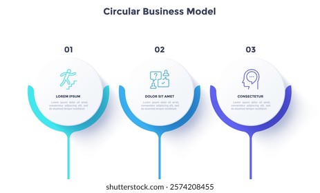 Three circular elements placed in horizontal row. Concept of 3 steps of startup project development. Flat infographic design template. Simple vector illustration for business data visualization.