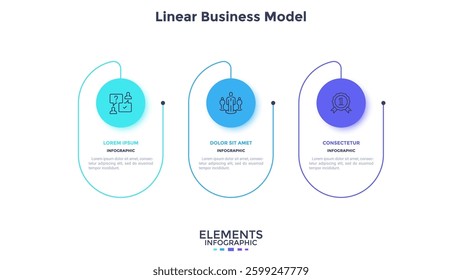 Three circular elements placed in horizontal row. Concept of 3 steps of startup project development. Flat infographic design template. Simple vector illustration for business data visualization.