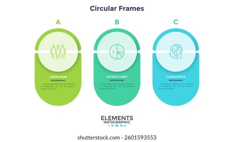 Three circular elements placed in horizontal row. Concept of 3 steps of startup project development. Flat infographic design template. Simple vector illustration for business data visualization.