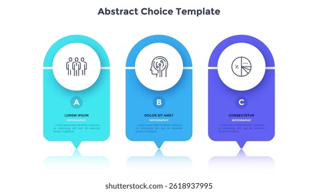 Three circular elements placed in horizontal row. Concept of 3 successive steps to startup project launch. Modern flat abstract vector illustration for business data analysis, statistical report.