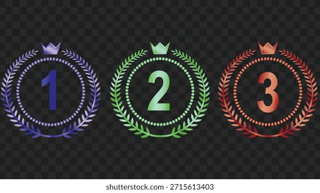 Tres emblemas circulares con coronas y coronas de laurel, mostrando los números 1, 2 y 3 en diferentes colores, representando el primer, segundo y tercer lugar.