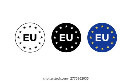 Three circular emblems representing the European Union arranged horizontally. The first is a black outline circle with black stars and the letters EU. The second is a solid black circle with white stars and white letters EU. The third is a solid blue circle with yellow stars and white letters EU. Each emblem twelve stars arranged in a circular pattern around the central text. The background is plain white.