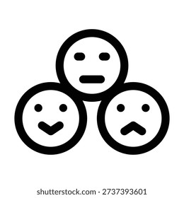 Three circular face icons arranged in a triangular pattern. Faces show a neutral expression, a smile, and a frown. Illustrates different moods, survey results, or ratings (average, good, bad).