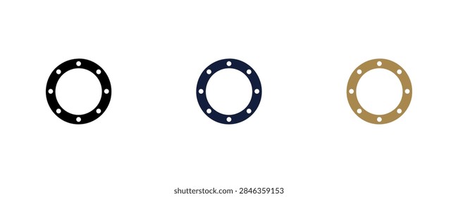 Three circular gaskets are displayed in a row, each with multiple bolt holes around the perimeter. The gaskets are black, dark blue, and gold.