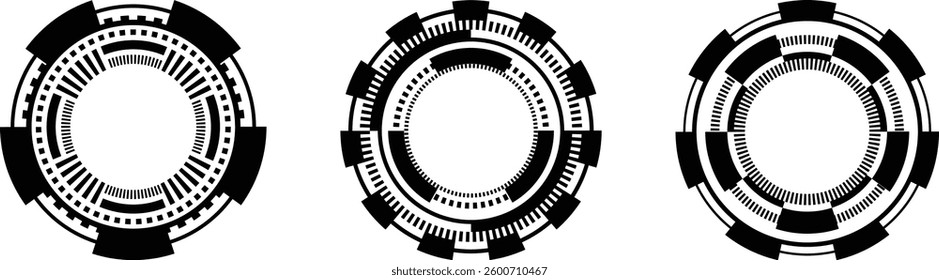Three circular, geometric shapes, designed in black and white, resembling technology or futuristic interfaces.