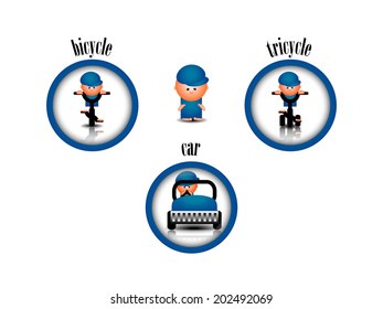 Three circular graphic elements with characters and means of transportation: tricycle, bicycle and car in blue shades