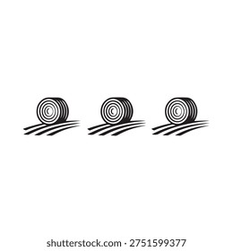 Three circular hay bales aligned in a row depicted in a simple black and white illustration