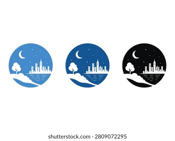 Three circular icons depicting a cityscape silhouette against a night sky with a moon and water.