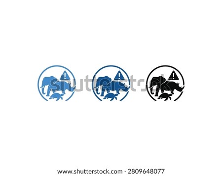 Three circular icons display silhouettes of endangered animals including elephants and rhinos with a warning symbol.