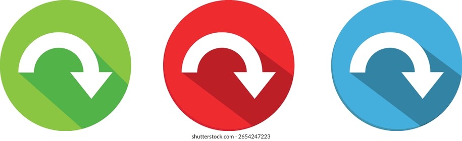 Three circular icons feature a white curved arrow pointing downwards against colored backgrounds: green, red, and blue. Each icon has a long shadow. The style is flat and simple.