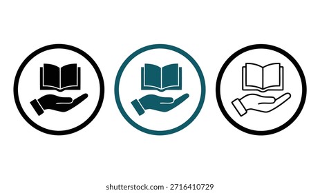 Tres iconos circulares con las manos que sostienen los libros abiertos en colores negro y verde azulado sobre un fondo blanco, que representan la educación y el conocimiento