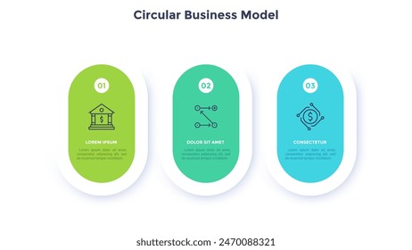 Three circular paper elements placed in horizontal row. Concept of 3 steps of startup project development. Flat infographic design template. Simple vector illustration for business data visualization
