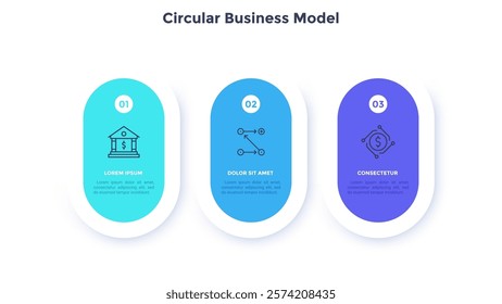 Three circular paper elements placed in horizontal row. Concept of 3 steps of startup project development. Flat infographic design template. Simple vector illustration for business data visualization.