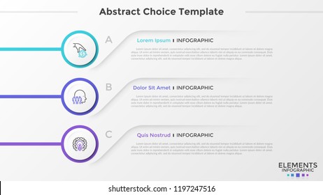 Three circular paper white elements with thin line icons inside placed one below other and place for text. List with 3 options to choose. Abstract infographic design template. Vector illustration.