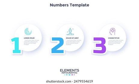 Three circular paper white elements with digits, figures or numbers. Concept of 3 stages of business strategy development. Simple flat vector illustration for information visualization, presentation.