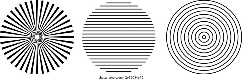 Three circular patterns: radial lines, horizontal lines, and concentric circles, all in black and white, creating a geometric design.