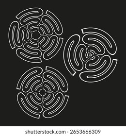 Três padrões circulares. Formas curvas em branco. Abstrato ornamentos vetoriais. Ilustração do plano de fundo preto. EPS 10.