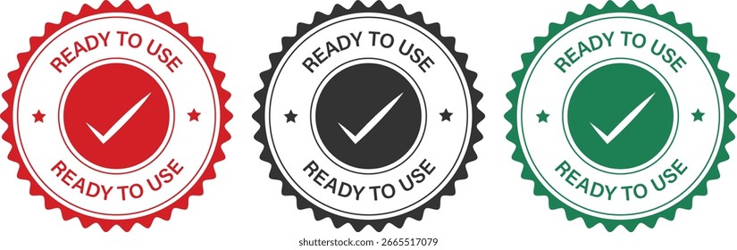 Three circular "Ready to Use" stamps with check marks in red, black, and green