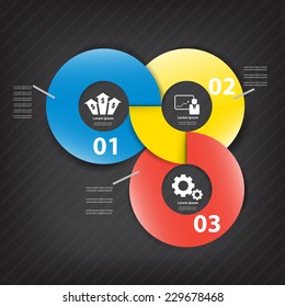 Three circular relation. Colorful vector design for workflow layout, diagram, number options, web design, presentation template, infographics.