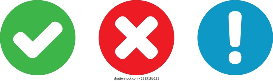 Three circular status featuring a green checkmark, a red cross, and a blue exclamation mark on a clean white background