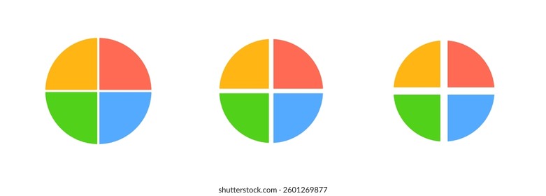 Three circular symbols divided into four quadrants, each quadrant filled with a different vibrant color.