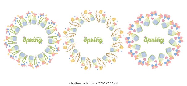 Three circular wreath designs with gardening motifs spray bottles, pruning shears, shovels, seed packets, branches, butterflies, and hearts surrounding Happy Spring in green cursive with floral