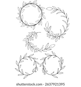 Three circular wreaths, drawn in a simple line art style. Each wreath is composed of delicate, flowing lines that depict leaves and small, stylized flowers. 