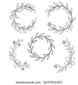 Three circular wreaths, drawn in a simple line art style. Each wreath is composed of delicate, flowing lines that depict leaves and small, stylized flowers. 