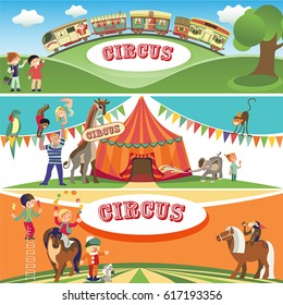 Three circus banners: a circus train goes on tour, a circus tent, actors and 
trained animals in the arena