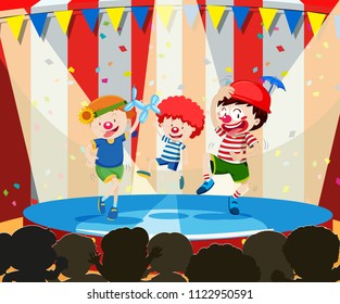 Three circus children performing  illustration