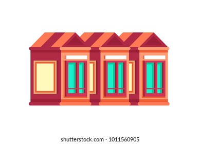 Three city buildings, house, shop with signboard. Vector, isolated