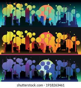 Drei City-Silhouetten in verschiedenen Farbverlauf-Tönen mit Neon unterstreichen. Vektorgrafik in EPS10.