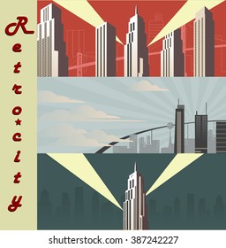 Three cityscape horizontal  Cartoon city in different color variations. Retro banner megapolis. Vetor