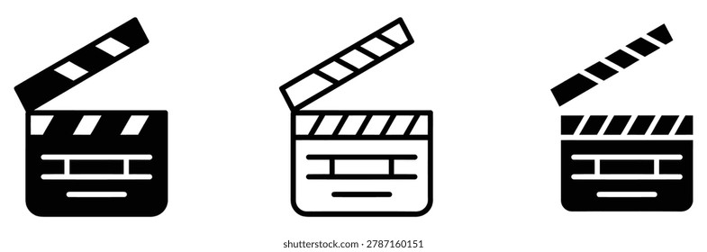 Three clapper board icons in black and white for film, movie, and video production use