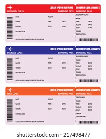 Three Classes Of Blank Flight Boarding Pass Vector Illustrations