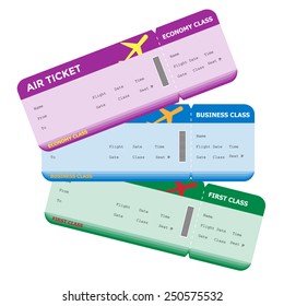 Three classes of blank flight boarding pass different colors. Vector illustrations.