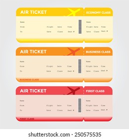 Three classes of blank flight boarding pass vector illustrations.