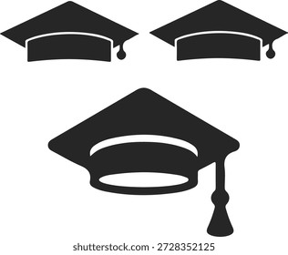 Tres clásicos gorros negros de graduación con borlas que simbolizan el éxito académico y la ceremonia