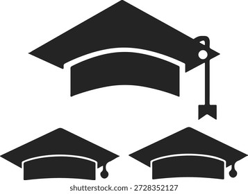Três bonés clássicos de graduação em preto simbolizando a realização acadêmica e o sucesso