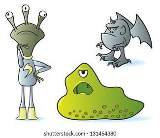 Three classic cartoon monsters. One alien, one blob, and a gray gargoyle creature.