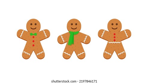 Three classic ginger bread man figures. Gingerbread Christmas cookies. Xmas cute biscuits. Noel holiday sweet dessert isolated on white background. Vector illustration.