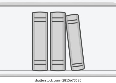 Three classic hardback books standing on a minimalist shelf with one slightly tilted in simple grey style.