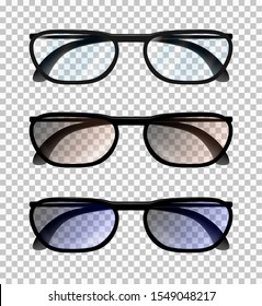 Three classic realistic  man or woman glasses isolated on the transparent background. Frontal view with bows. Vector illustration.