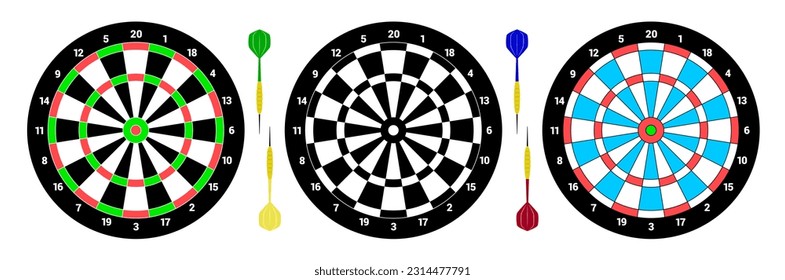 Three classical Dartboards for playing darts. Four darts for game. Flat style. isolated vector