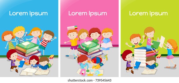 Three classrooms with students learning illustration