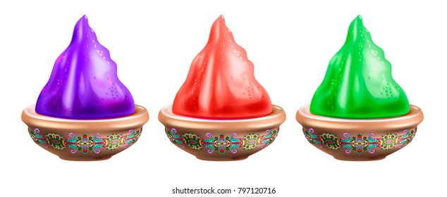 three clay pots with paint isolated on white to holi - indian holiday design, vector illustration