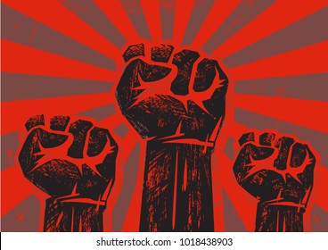 Three clenched fists raised in protest on grunge background with sun rays.  Retro style poster. Protest, strength, freedom,  revolution, rebel, revolt concept. Black and red vector illustration. 
