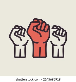 Tres puños apretados levantados en protesta por icono vectorial aislado. Protesta, fuerza, libertad, revolución, concepto rebelde, rebeldía