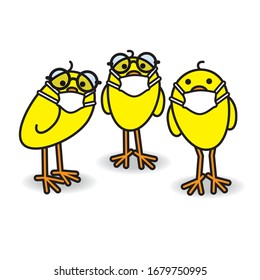 Three Clever Yellow Chicks wearing Round Spectacles and Medical Masks while staring towards camera
