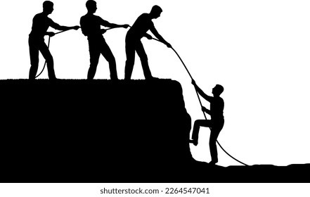 Tres escaladores ayudan a un amigo. Trabajo en equipo de escaladores masculinos. Concepto de trabajo en equipo de negocios. Silhouette vectorial